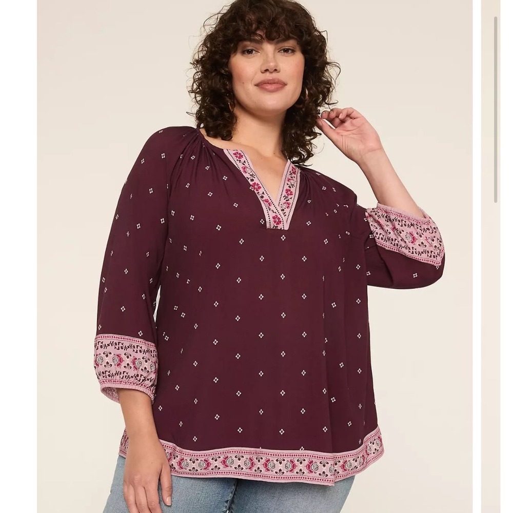 Lane Bryant Bohemian Peasant Top Purple Pink Border Print Rayon Plus 22 24 NWT
